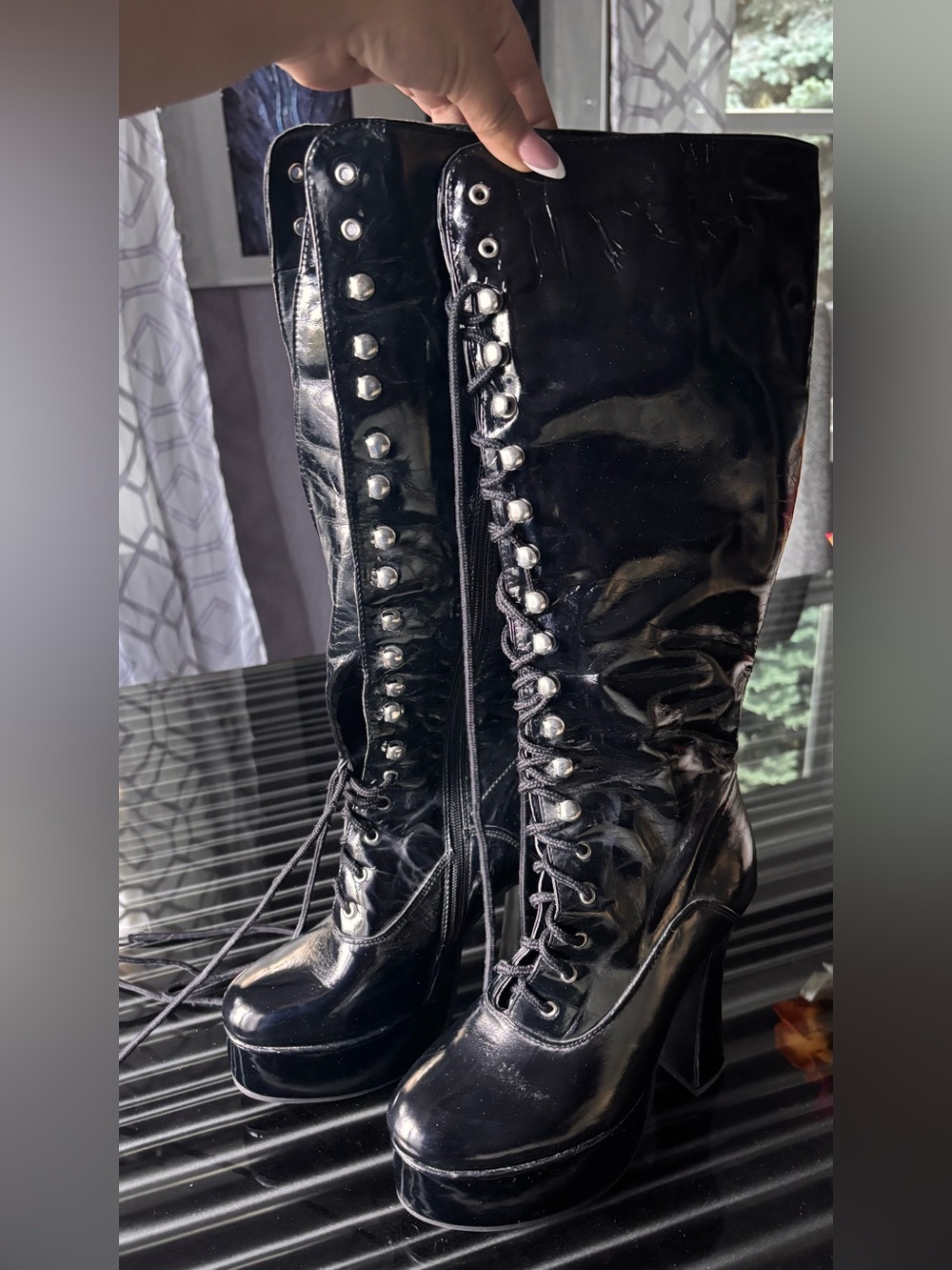 Black Lace-Up Platform Knee-High Boots - Picture 5 of 6